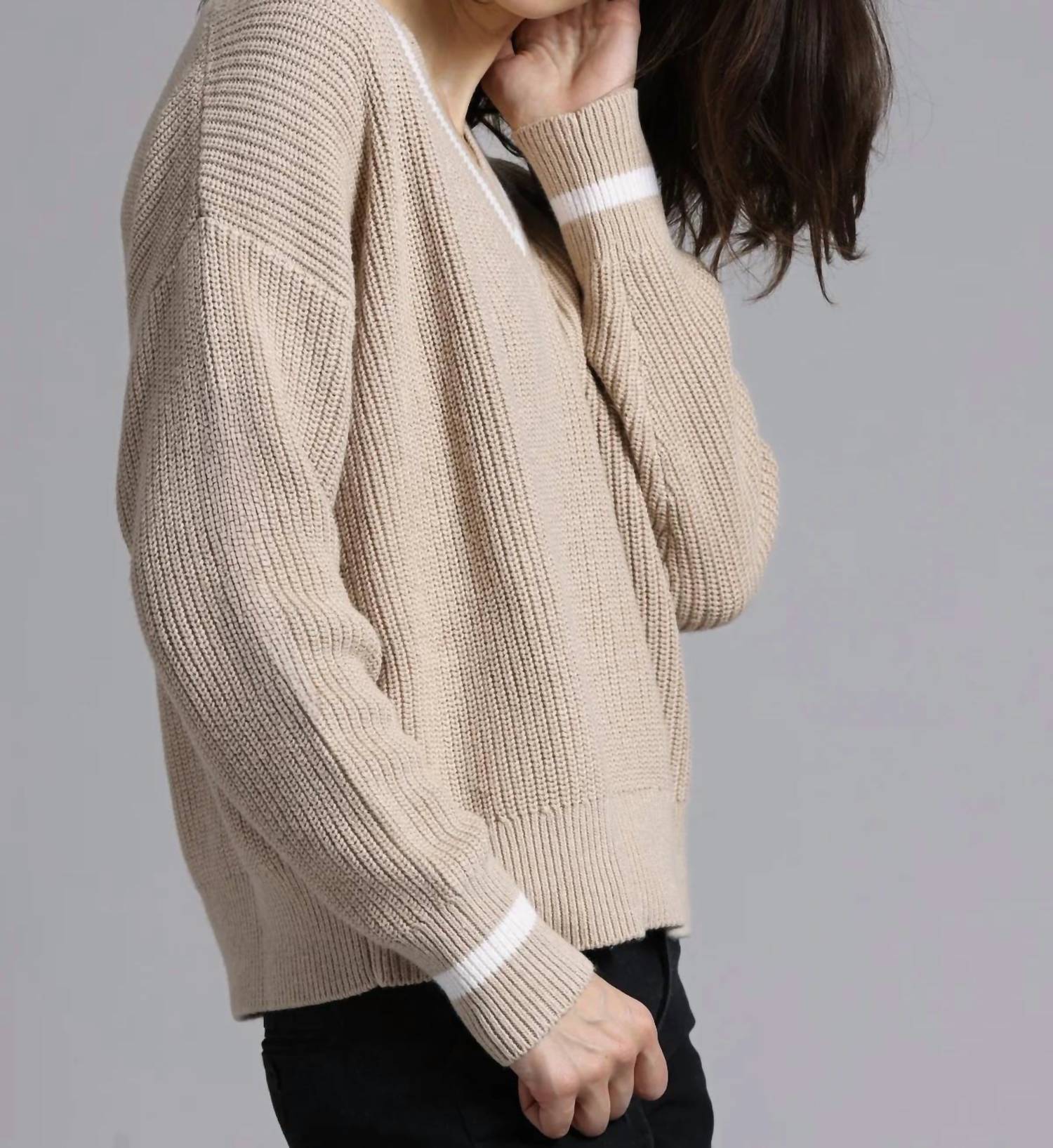 Minnie Rose - Women's Cotton Cashmere Shaker Relaxed V Neck Top