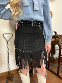 Rock & Roll Denim - The Studded Fringe Buckle Skirt