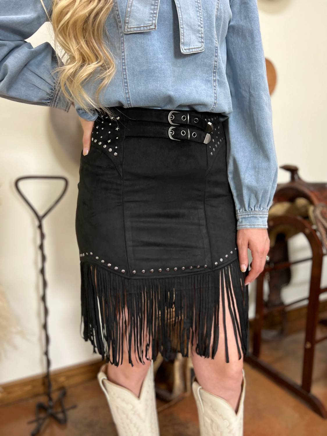 Rock & Roll Denim - The Studded Fringe Buckle Skirt