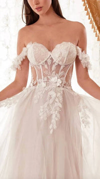 Cinderella Divine - Nova Off Shoulder Bustier Floral Applique Tulle Wedding Dress