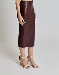 LBLC THE LABEL Eddie Faux Leather Skirt in burgundy - women's skirt - detail view