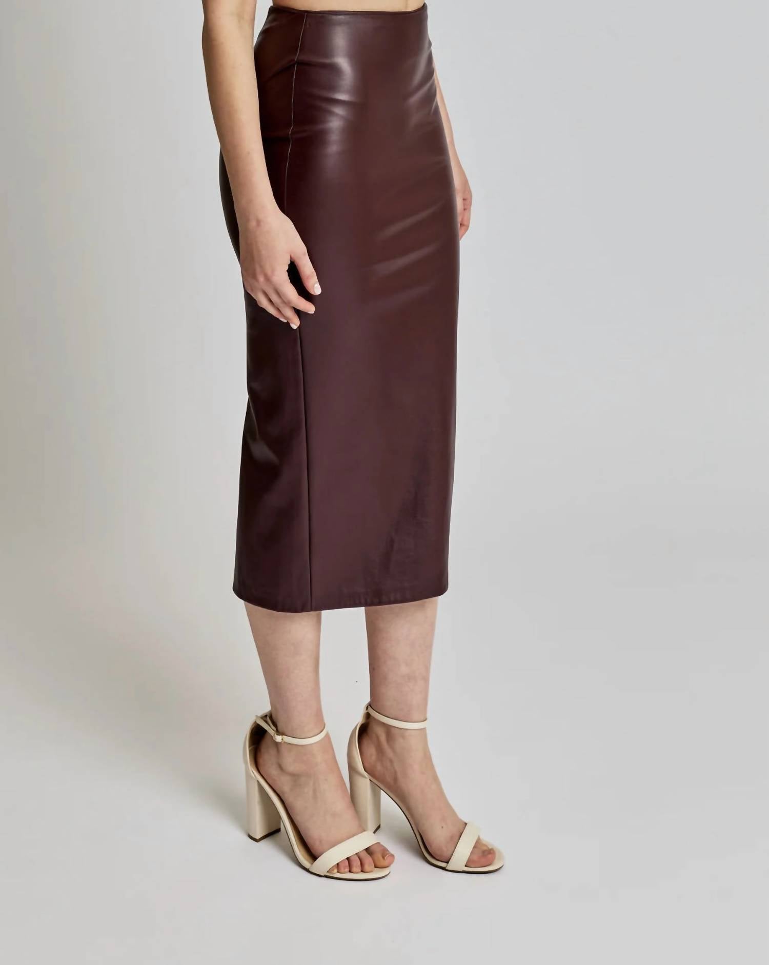 LBLC THE LABEL Eddie Faux Leather Skirt in burgundy - women's skirt - detail view