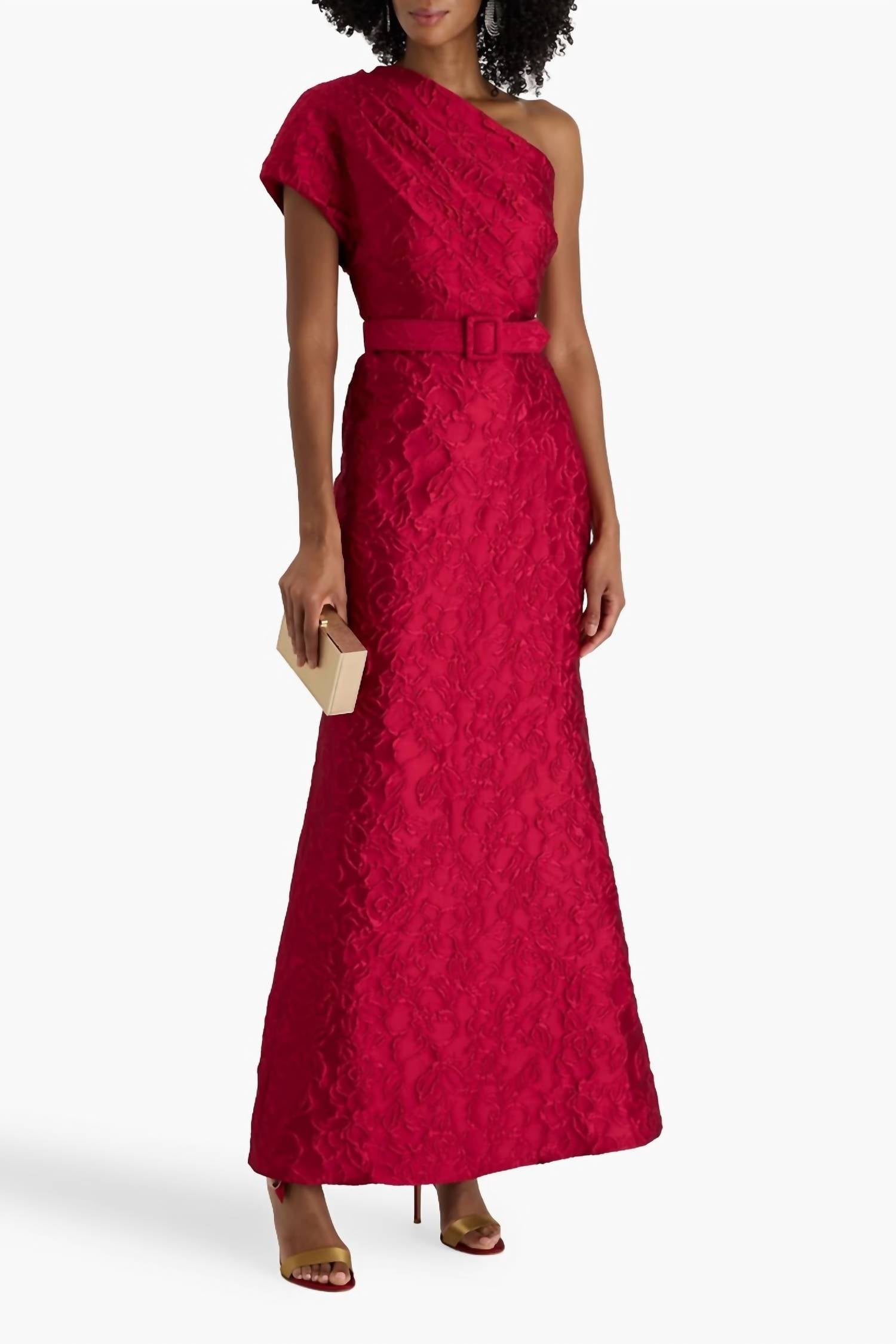 Badgley Mischka - One Shoulder Draped Cloqué Evening Gown