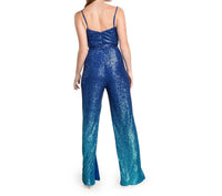 DRESS THE POPULATION Stevie V-neck Slit Leg Jumpsuit in blue - women's pants - detail view