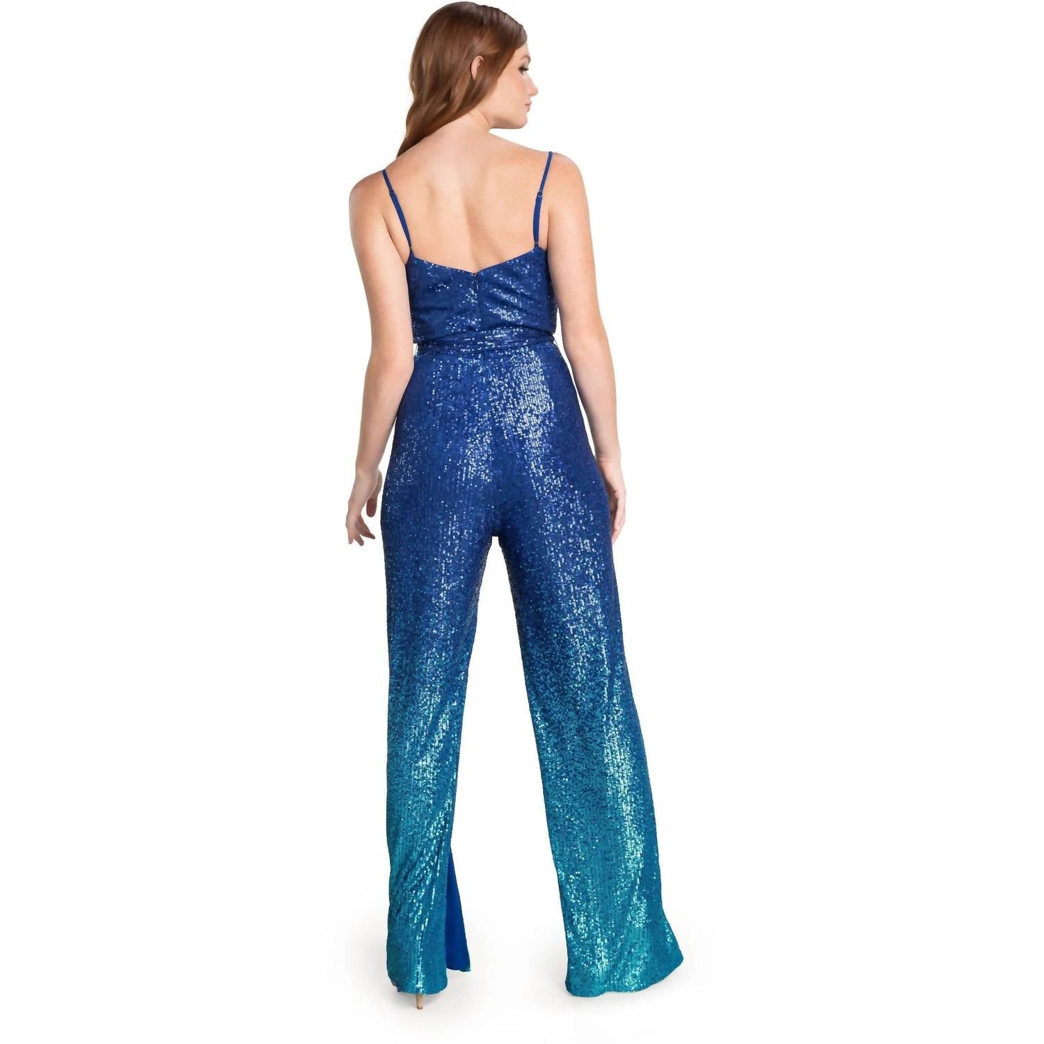 DRESS THE POPULATION Stevie V-neck Slit Leg Jumpsuit in blue - women's pants - alternate view