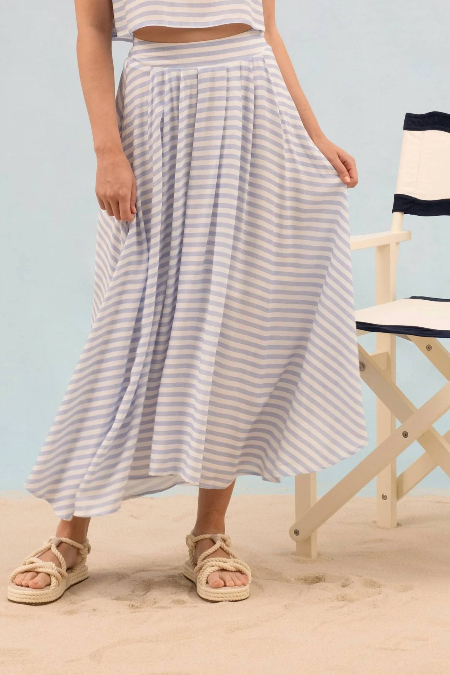Blu Pepper - Stripe High Waist Pleated Midi Skirt