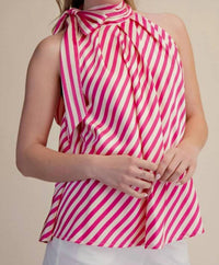 Glam - High Collar Tie Neck Sleeveless Stripe Top