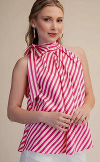 Glam - High Collar Tie Neck Sleeveless Stripe Top