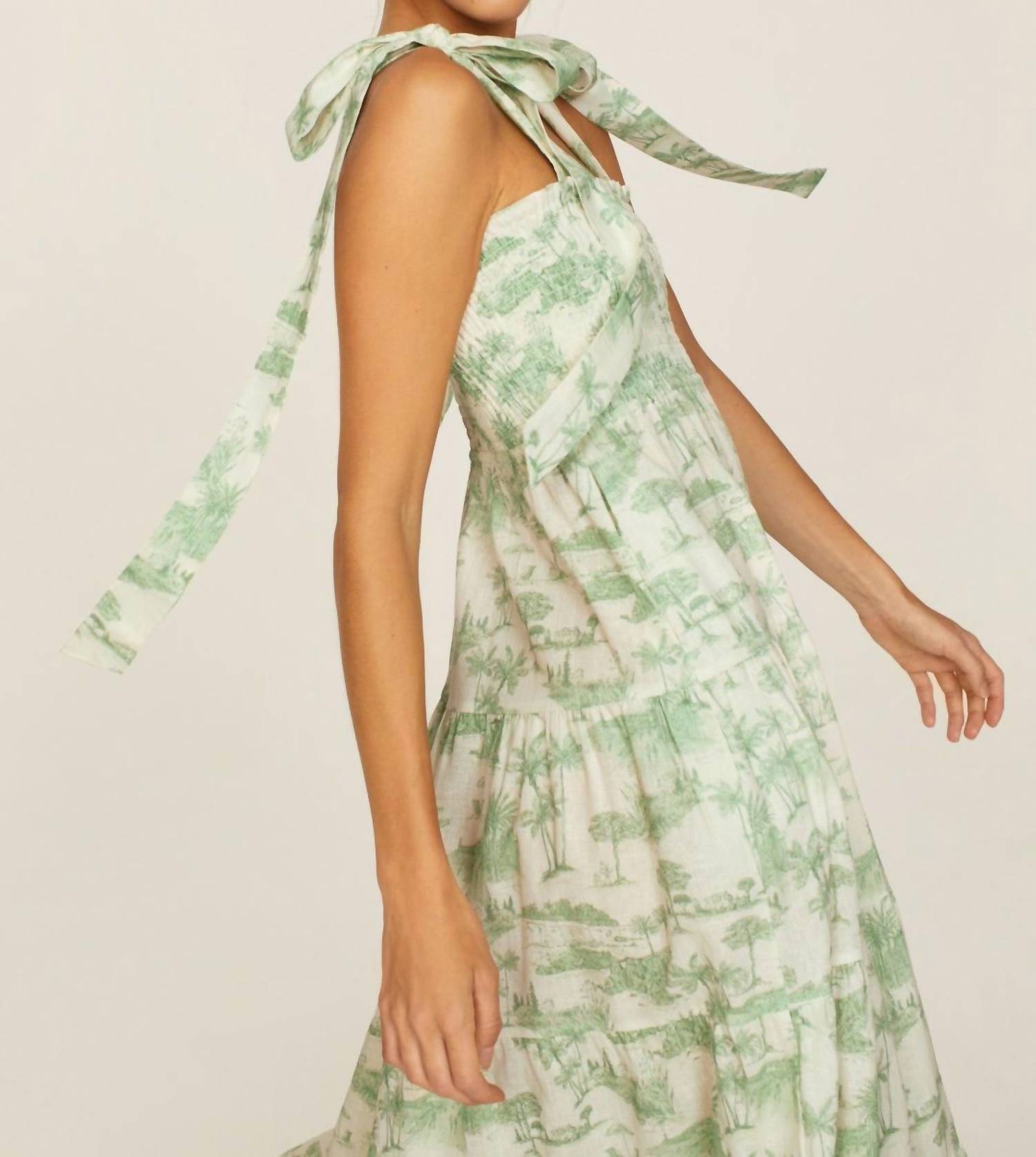 KIVARI Chloe Strappy Shirred Tiered Midi Dress in green - women's dress - view 4