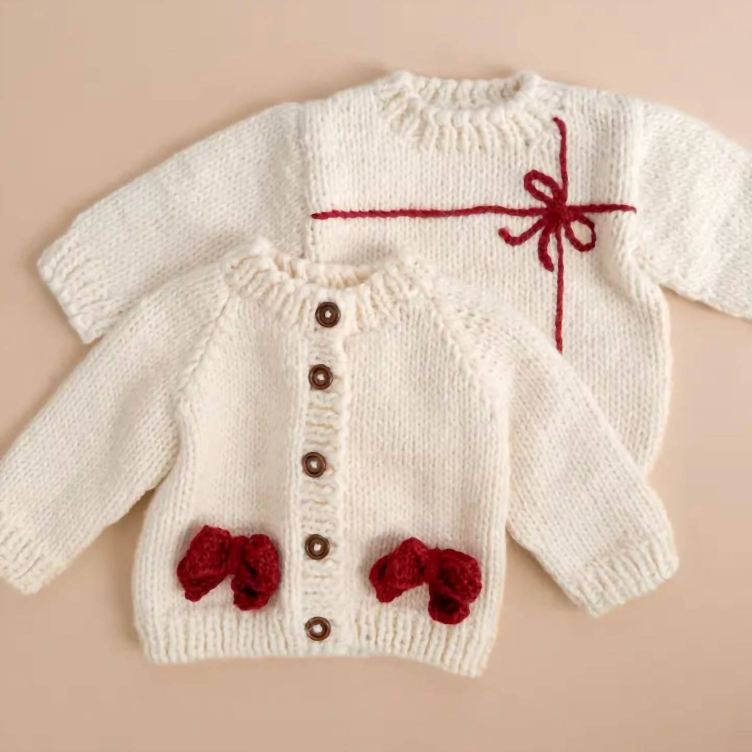 The Blueberry Hill Kid's Cozy Knit Cardigan With Bow in cream red - kids' sweater - alternate view