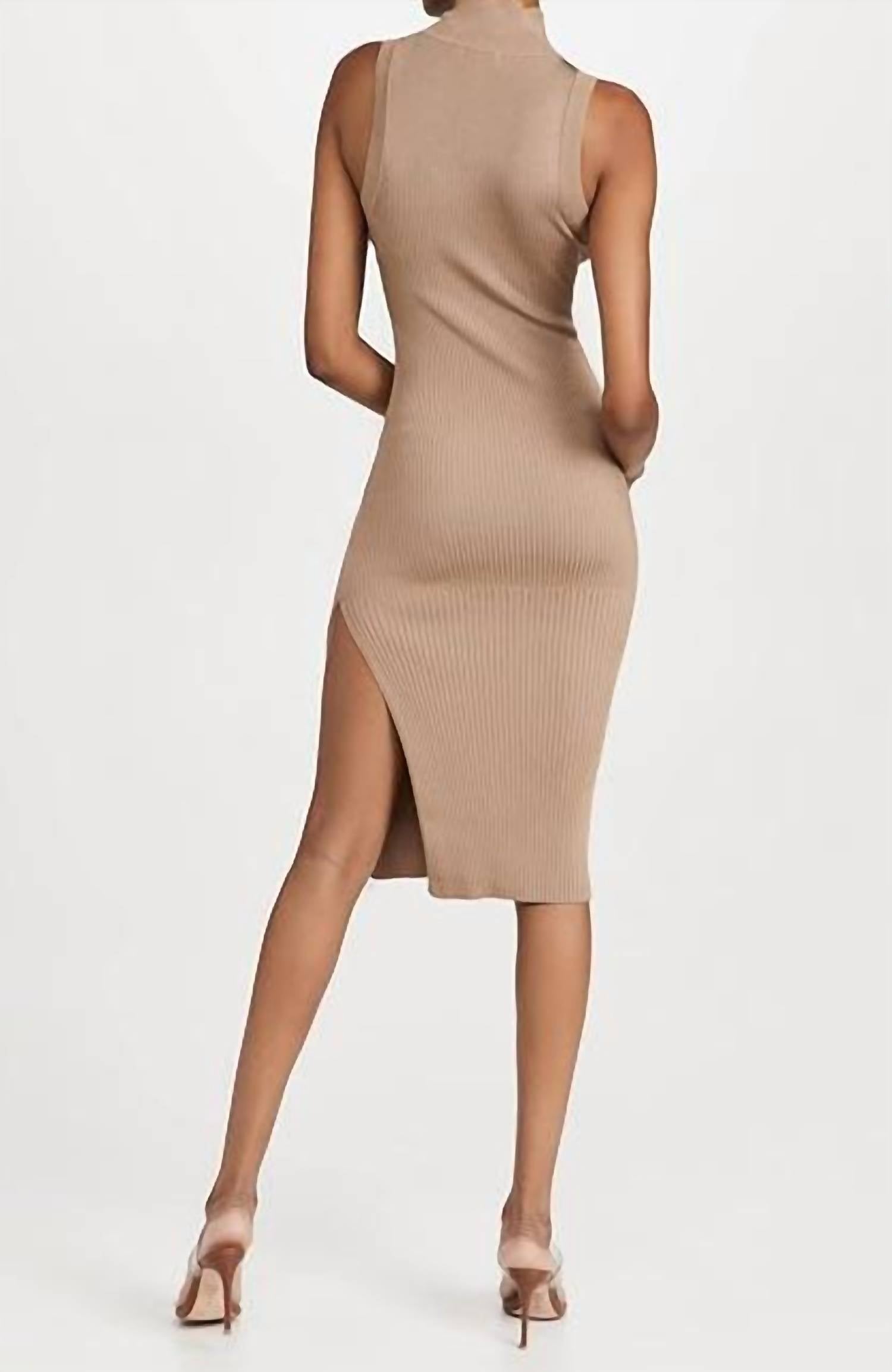 GOOD AMERICAN Plaited Rib Midi Dress in tan - women's dress - detail view