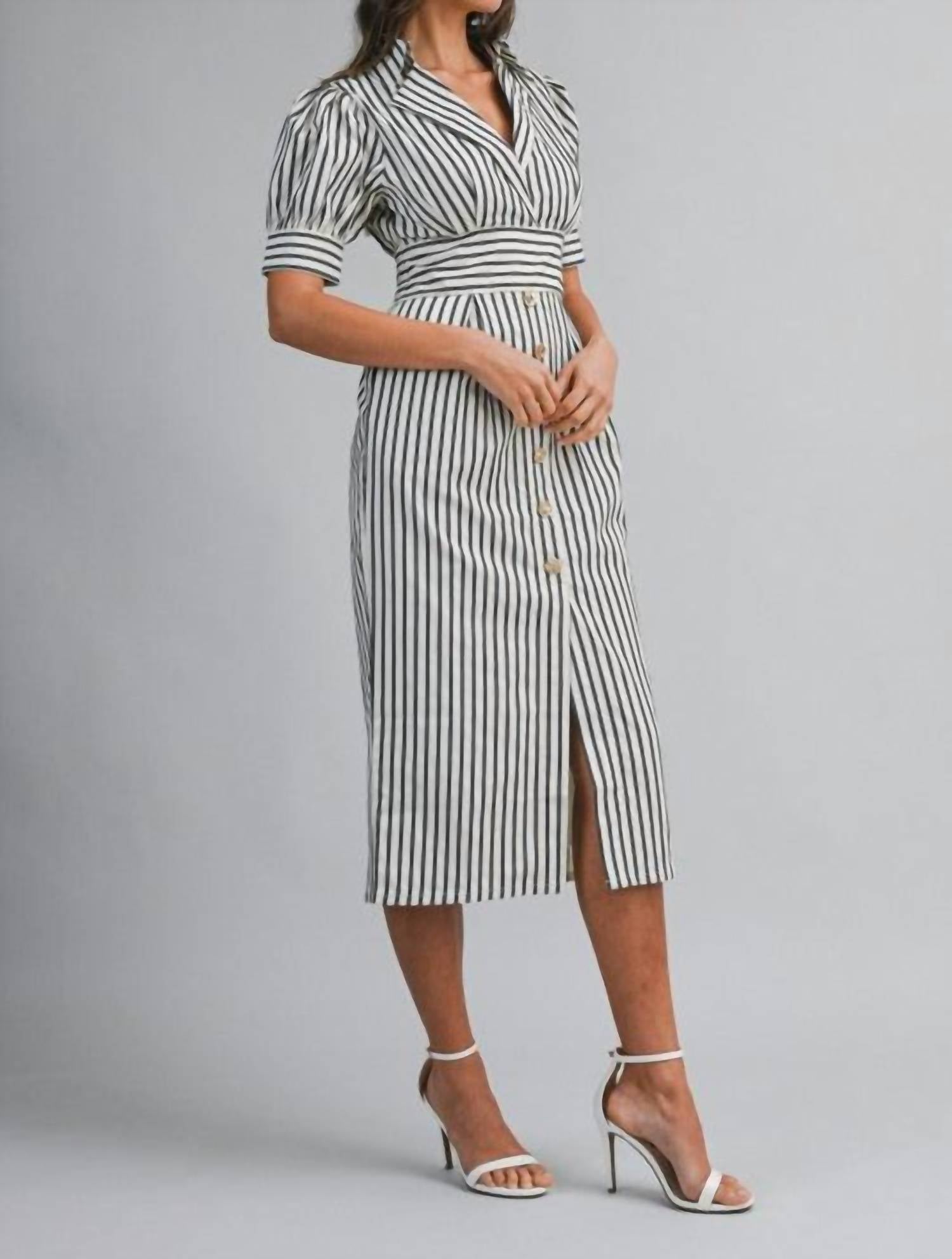 MABLE Bianca Dress in blue stripe - women's dress - detail view