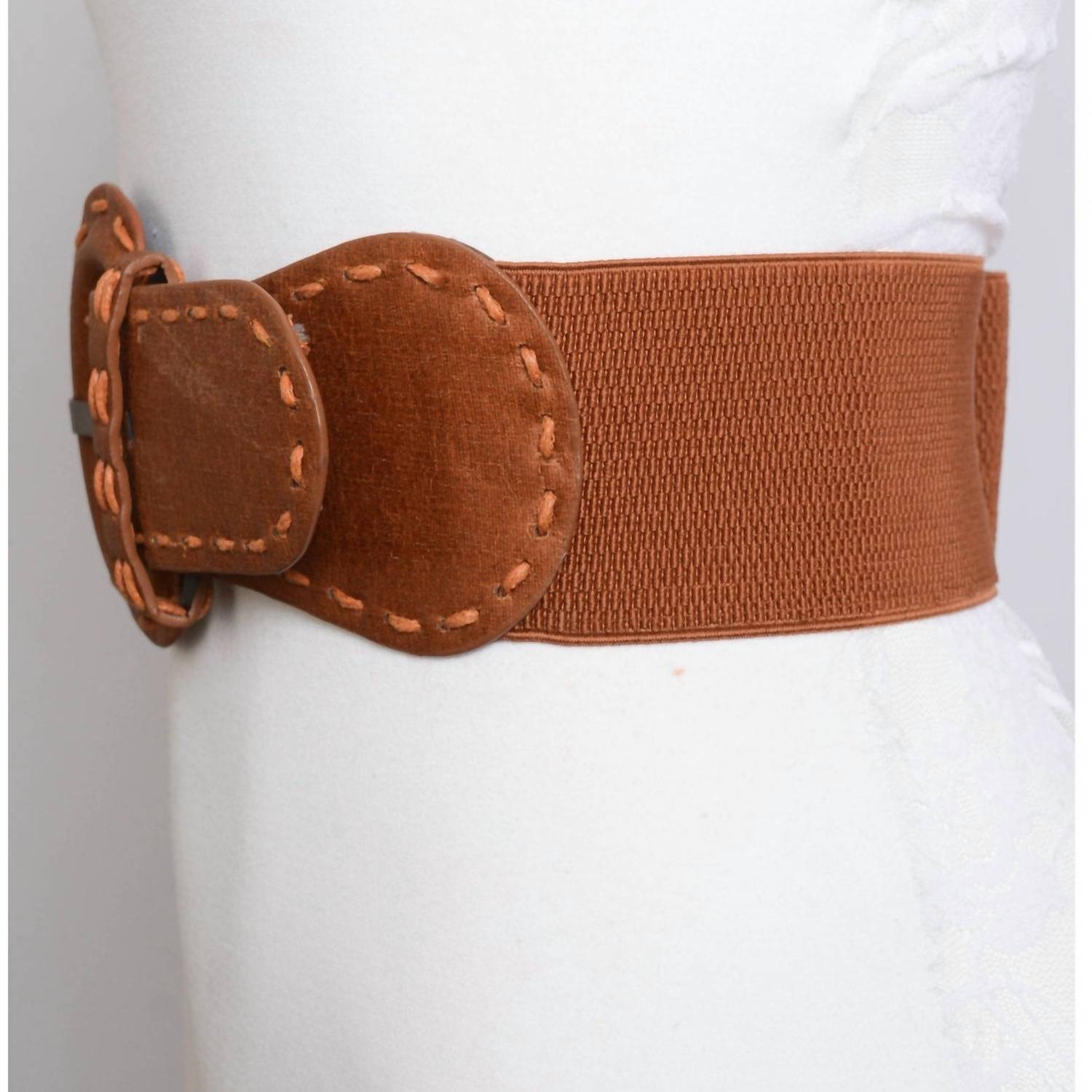 LETO Women's Distressed Wide Stitch Elastic Belt in camel brown - women's accessory - detail view