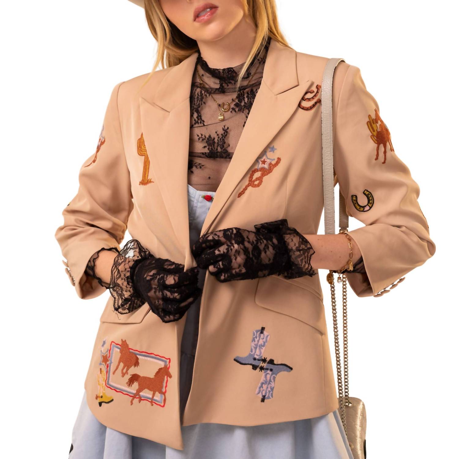 Blue B - Western Embroidery All Over Ruched Sleeve Blazer