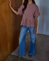 By Together Sayler Ruffle Top in red ivory gingham - women's blouse - detail view