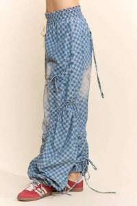 Davi & Dani - Women's Checkerboard Ribbon-ruched Parachute Pants