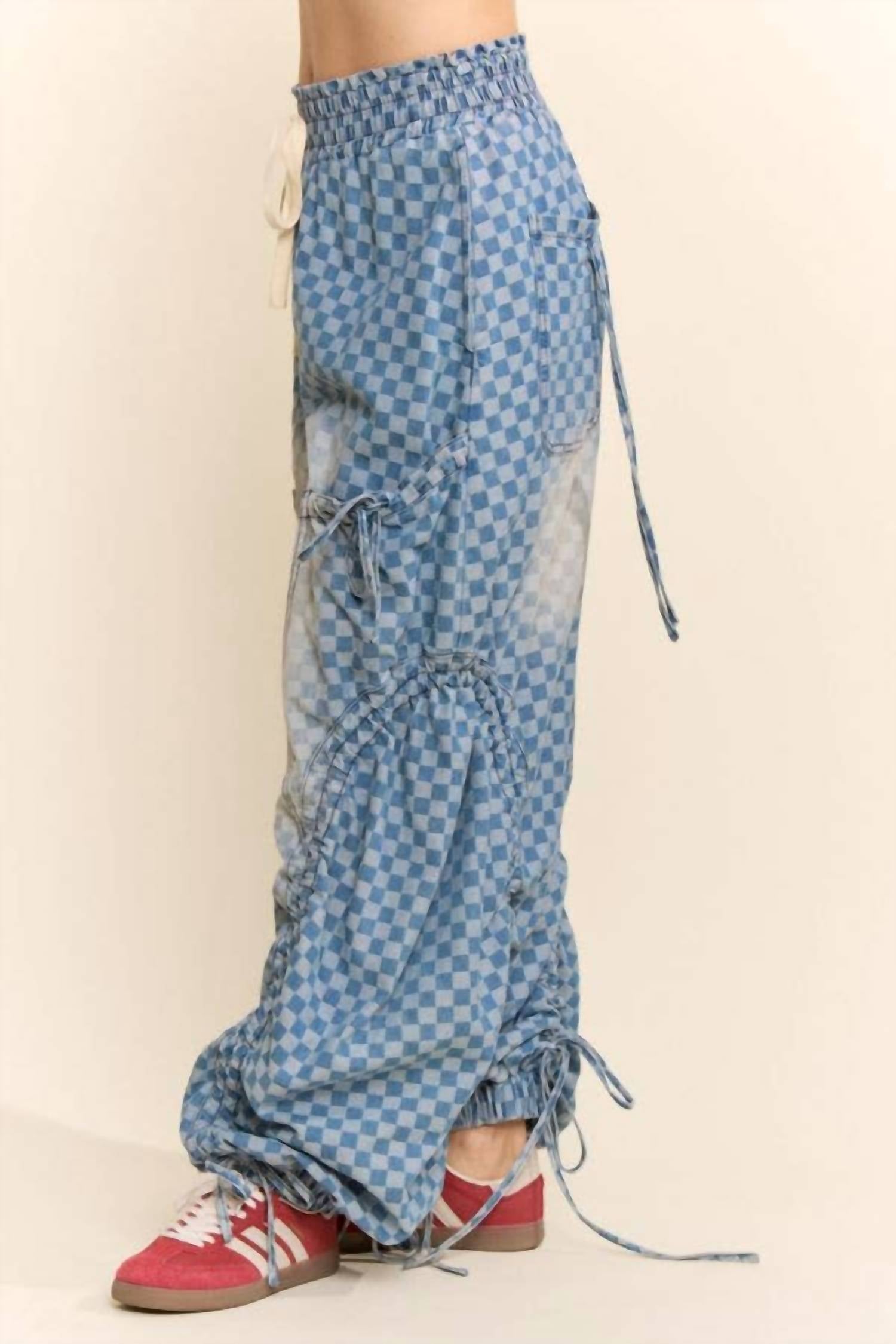 Davi & Dani - Women's Checkerboard Ribbon-ruched Parachute Pants