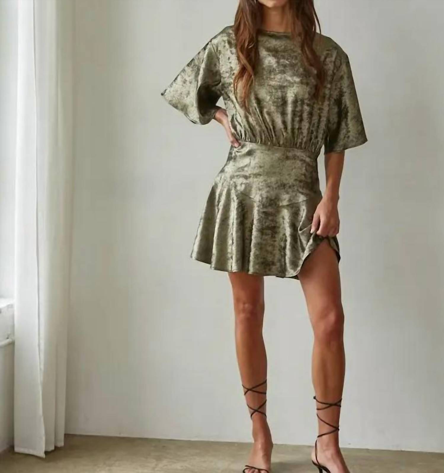 By Together Woven Lurex Flare Mini Dress in sage - women's dress