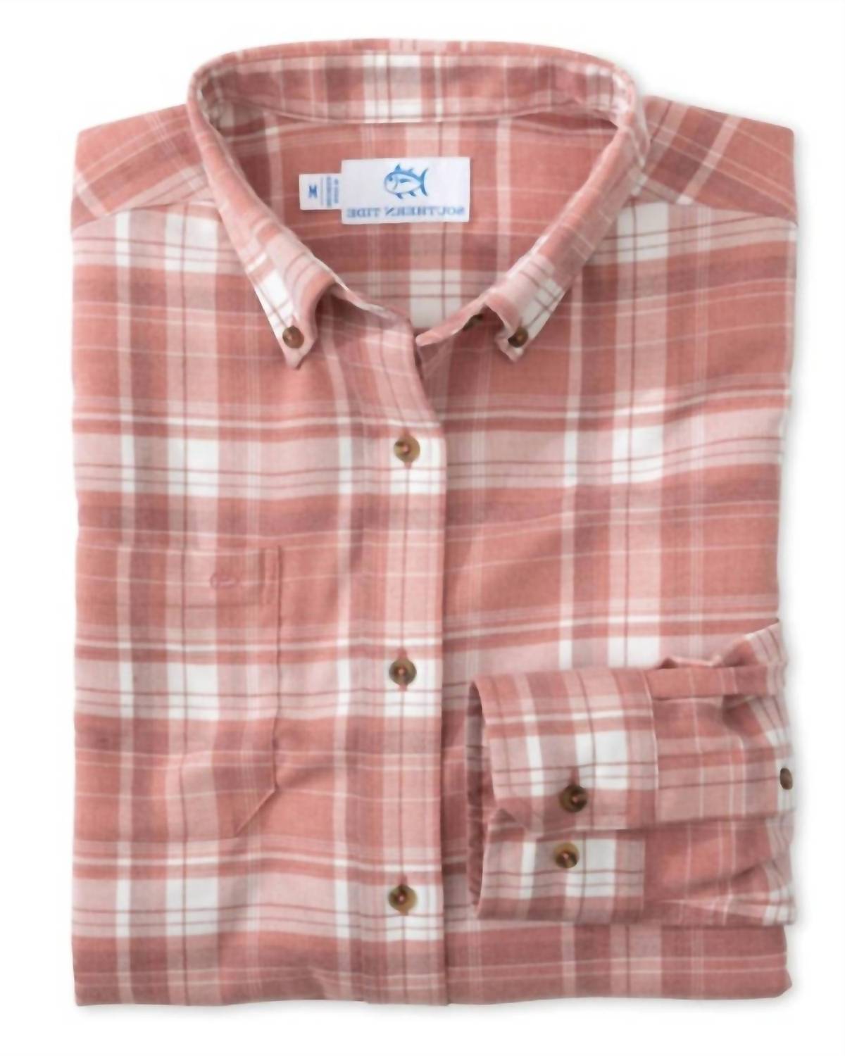 SOUTHERN TIDE Flannel Intercoastal Avondale Plaid Heather Sportshirt in dusty coral - men's shirt - alternate view