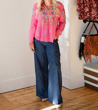 Johnny Was Women's Simone Blouse in raspberry sorbet - women's blouse - detail view