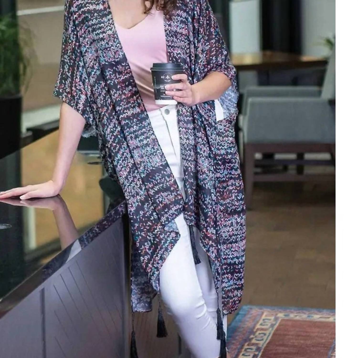 Amanda Blu - Women's Printed Tasseled Ruana Wrap Kimono