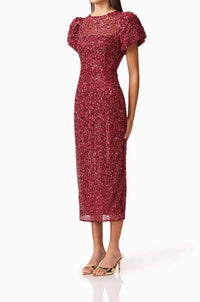 ELLIATT Carmen Puff Sleeve Midi Dress in berry - women's dress - alternate view