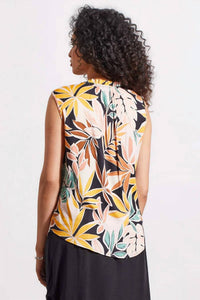 TRIBAL Ruffle Neck Sleeveless Floral Blouse in apricot tan - women's blouse - detail view
