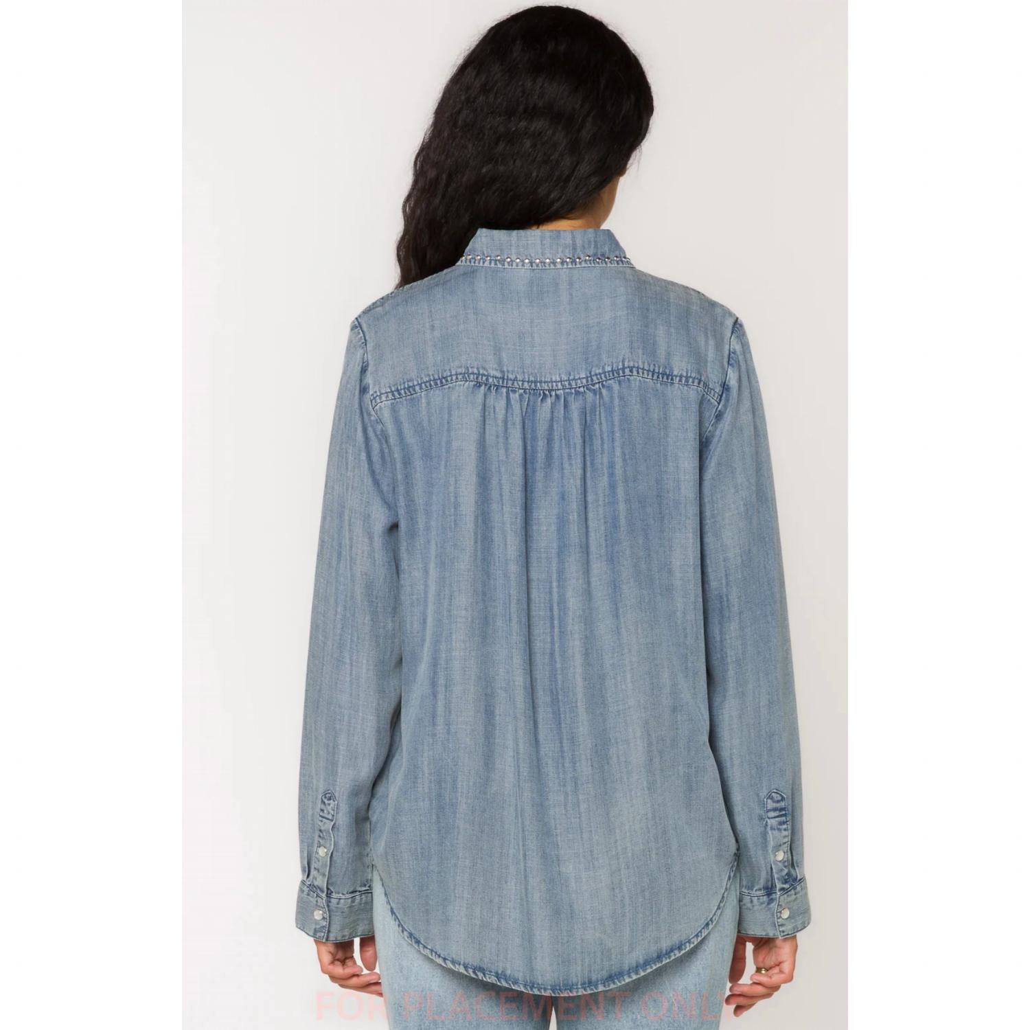 Velvet Heart Chambray Long Sleeve Snap Button-up Shirt in blue - women's shirt - detail view