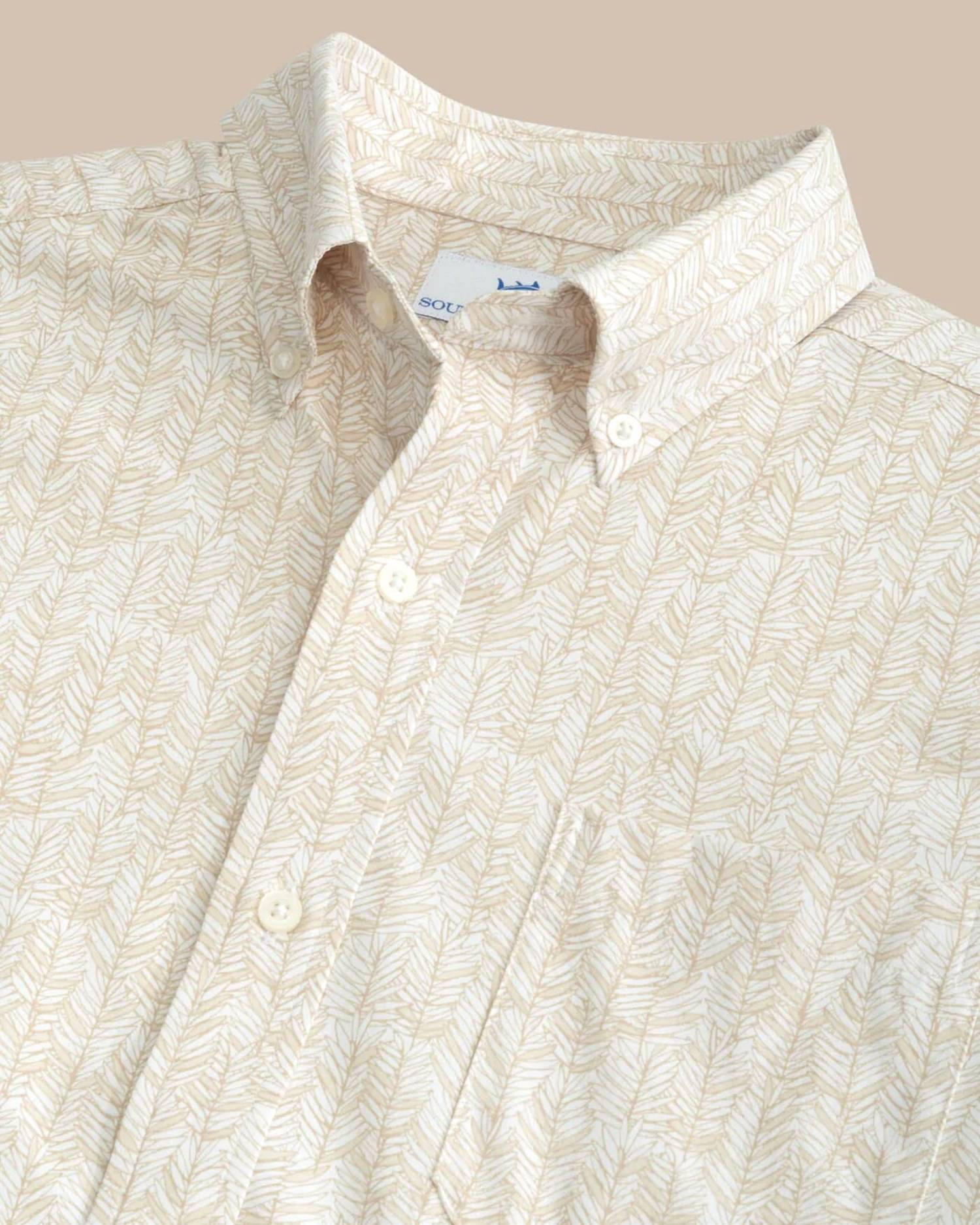 SOUTHERN TIDE Men's Intercoastal Leagally Frond Sportshirt in whitecap khaki - men's shirt - detail view