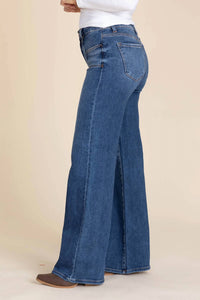 Risen - Mid Rise Front Patch Pockets Wide Jeans