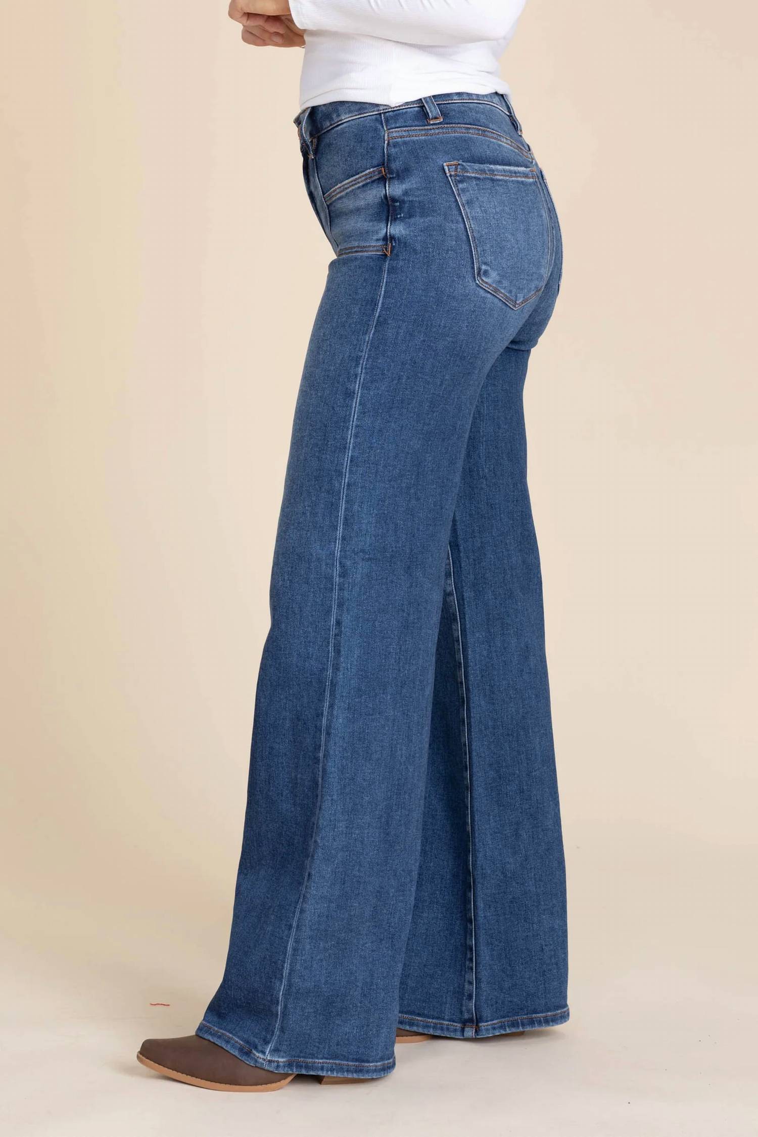 Risen - Mid Rise Front Patch Pockets Wide Jeans