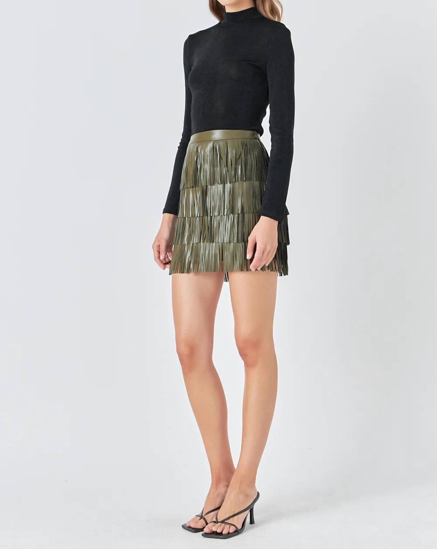 endless rose Leather Fringe Mini Skirt in olive - women's skirt - alternate view
