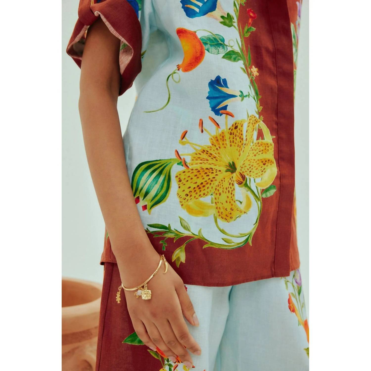 ALEMAIS Dahlia Floral Linen Shirt in blue - women's shirt - detail view