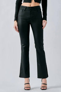 Hidden - Coated Leather Raw Hem Cropped Flare Pants