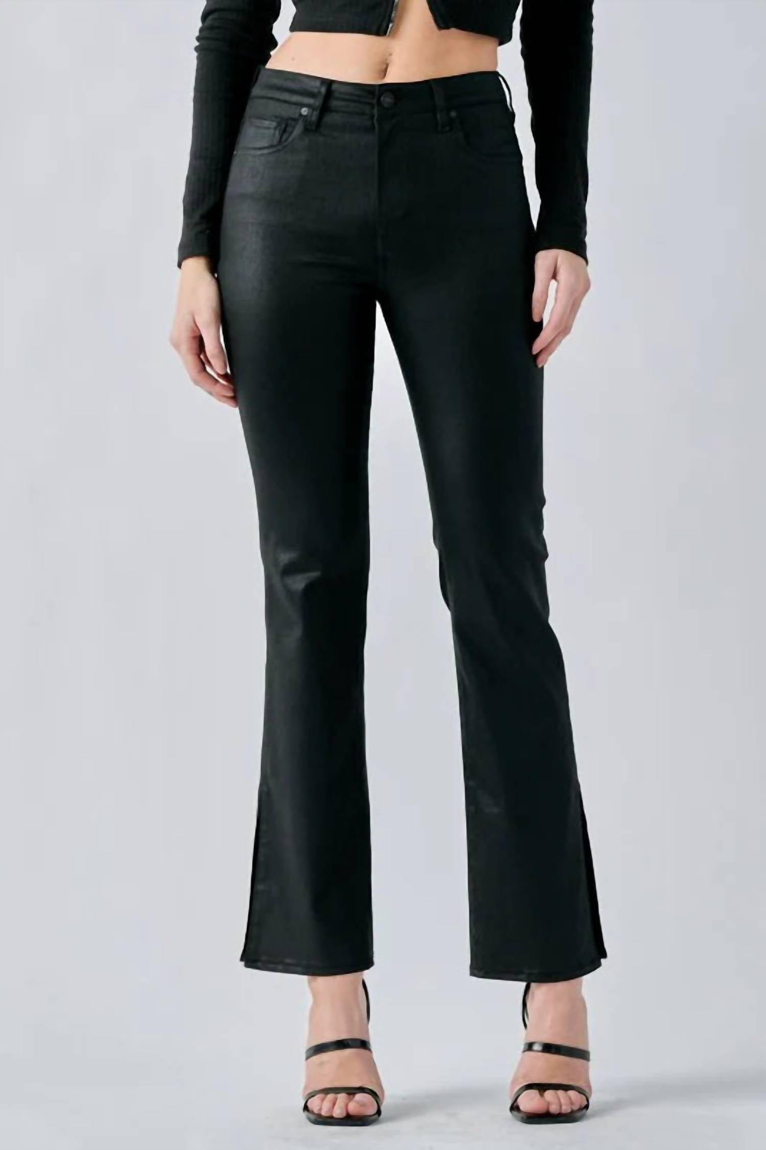 Hidden - Coated Leather Raw Hem Cropped Flare Pants
