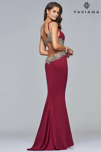 FAVIANA Long Fitted Neoprene Dress With Beading At Side Waist And Open Back in wine - women's dress - alternate view