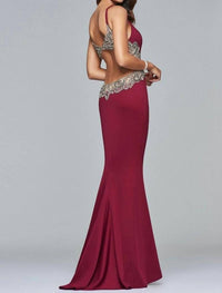 FAVIANA Long Fitted Neoprene Dress With Beading At Side Waist And Open Back in wine - women's dress - detail view