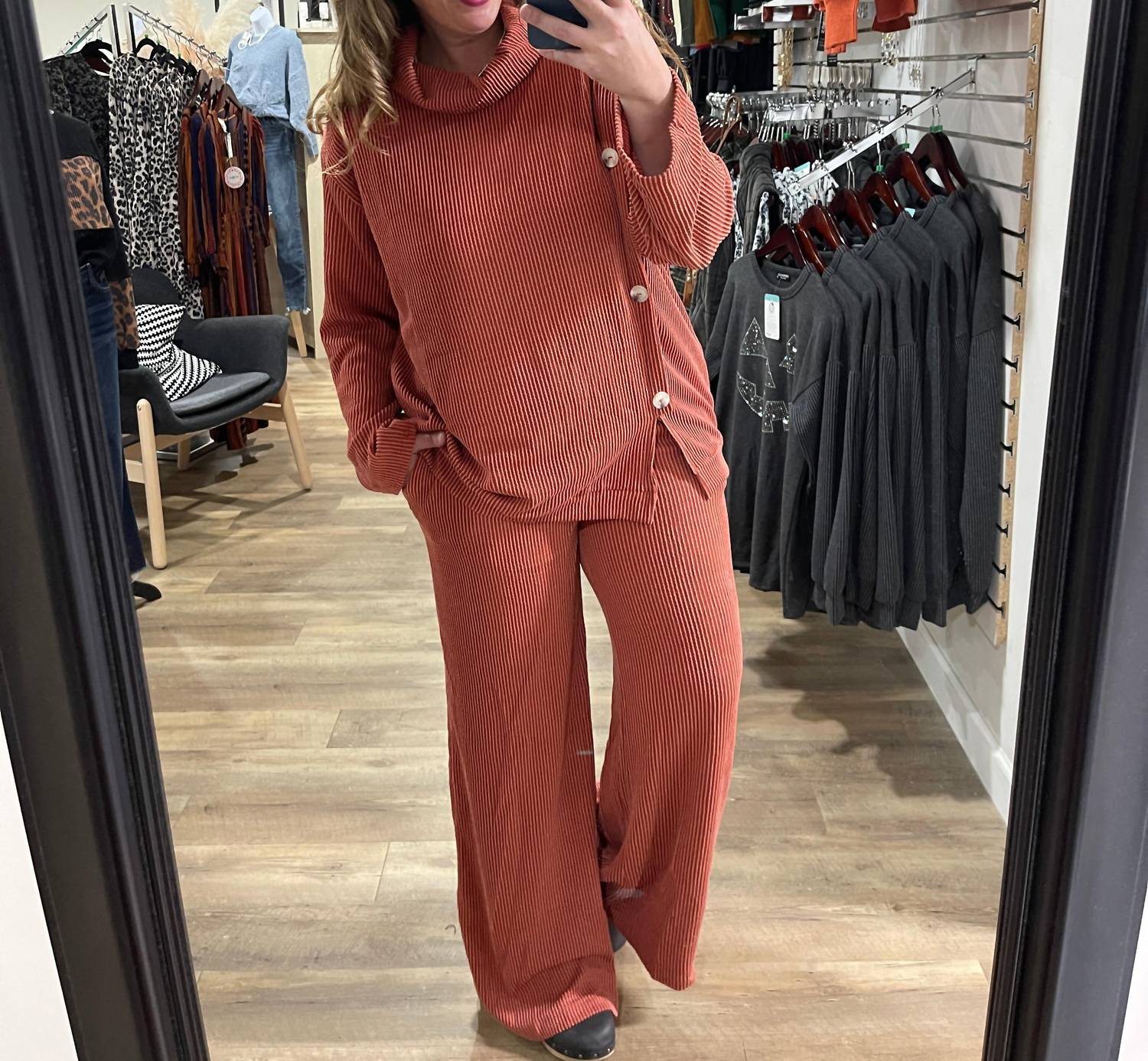 Dear Scarlett Lavish Raised Ribbed Button Trim Set in rust - women's sleepwear - view 6