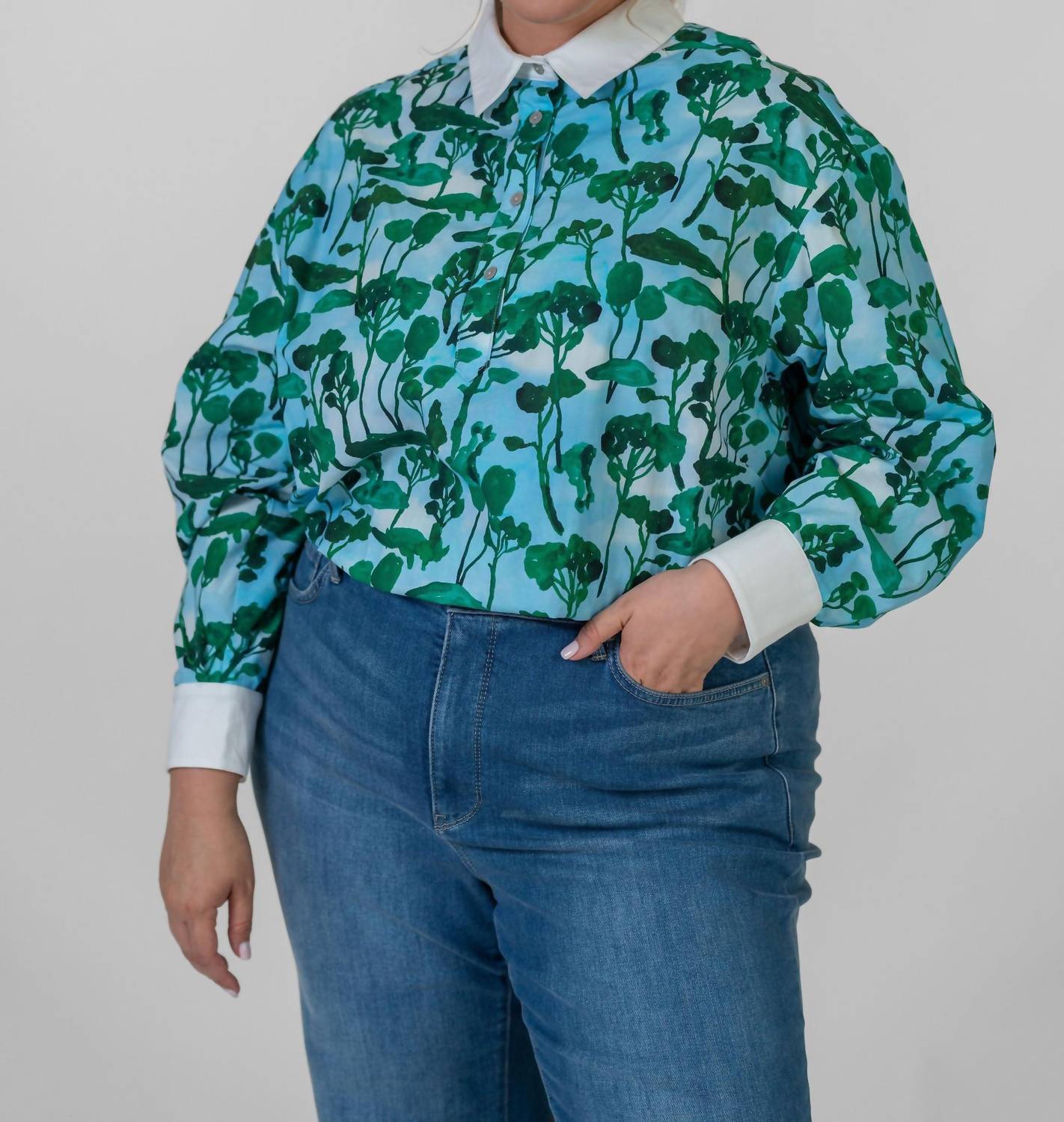 De Loreta - Nopal Button Down Long Sleeve Blouse - Plus