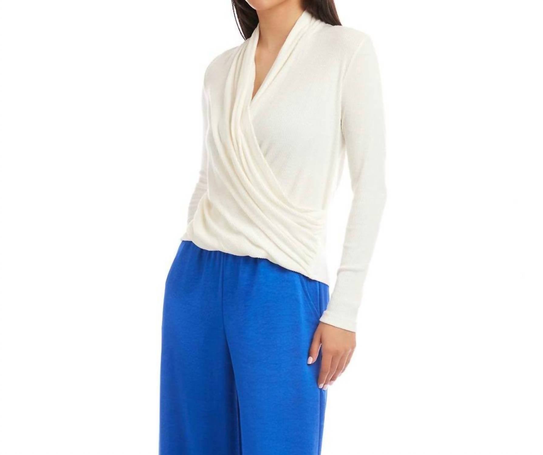 Karen Kane Long Sleeve Ribbed Drape Front Crossover Top in off white - women's long sleeve top - detail view