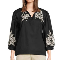 Tru Luxe - Poplin Embroidered Floral Applique Collared V-neck 3/4 Sleeve Popover Shirt