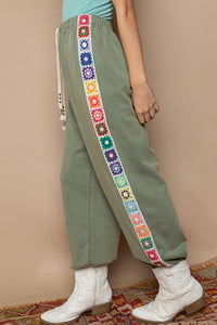 POL Crochet Side Trim Knit Joggers in washed green - women's pants - detail view