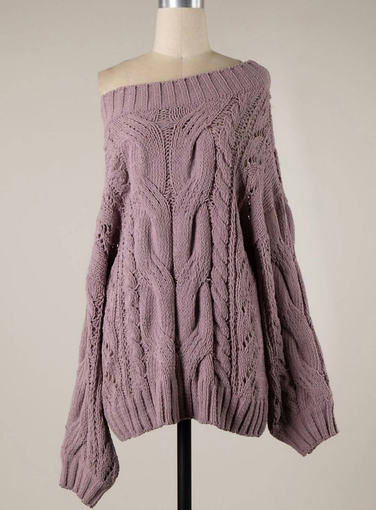Miracle - Boat Neck Braid Cable Knit Chenille Tunic Sweater