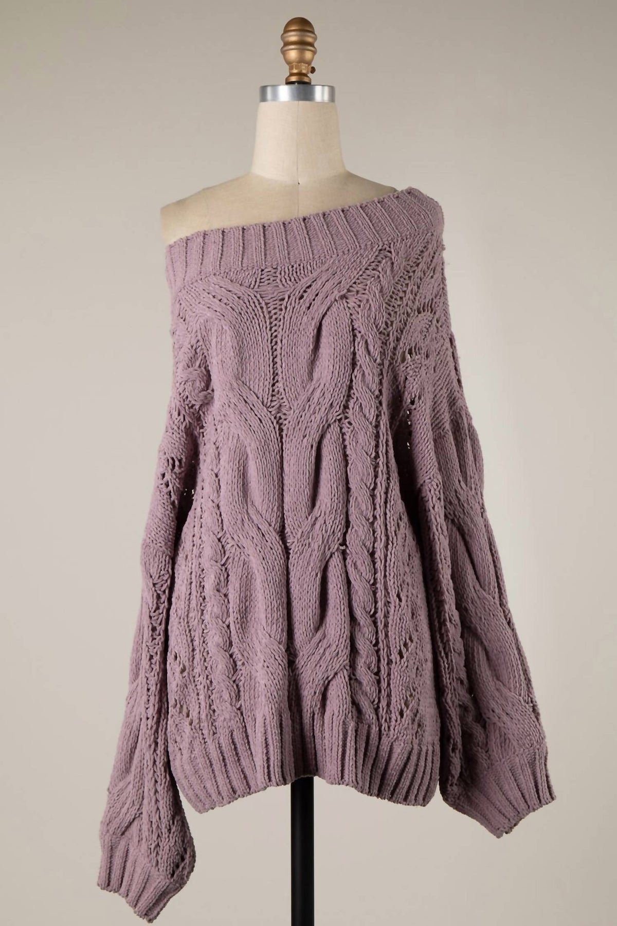 Miracle - Boat Neck Braid Cable Knit Chenille Tunic Sweater