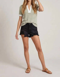 Doe And Rae - Split V-neck Striped Short Sleeve Top