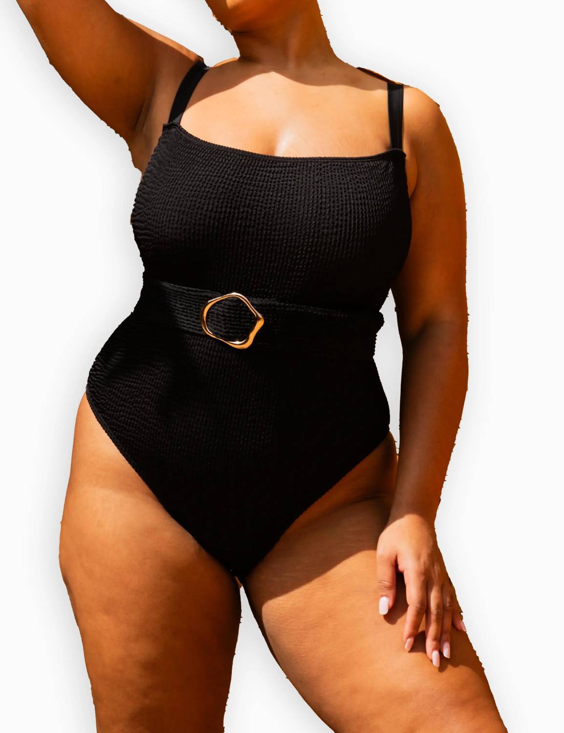 Fashion Szn Curve - Square Neck Crinkle Belted Swimsuit