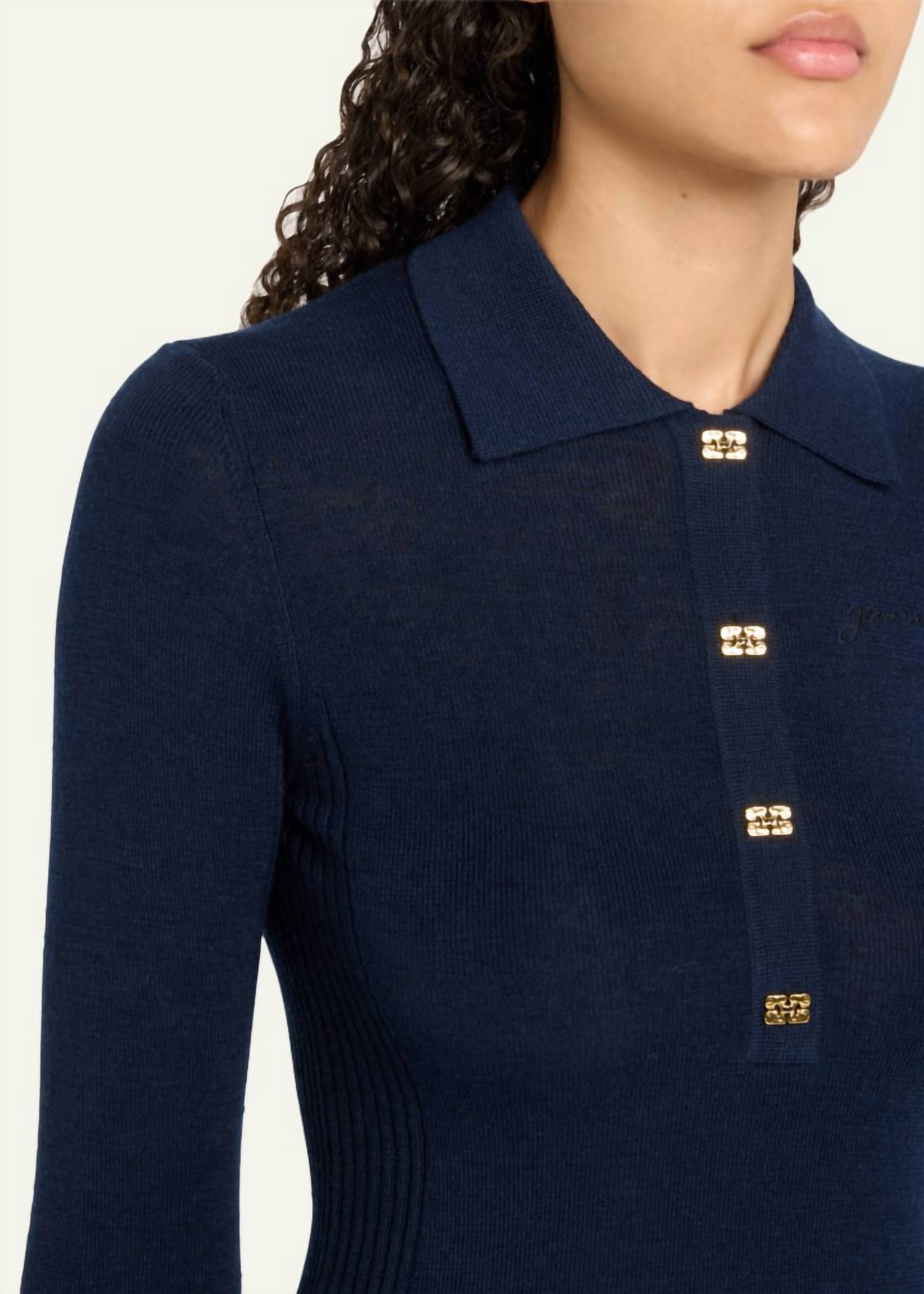Ganni - Mini Ribbed Merino Polo Top