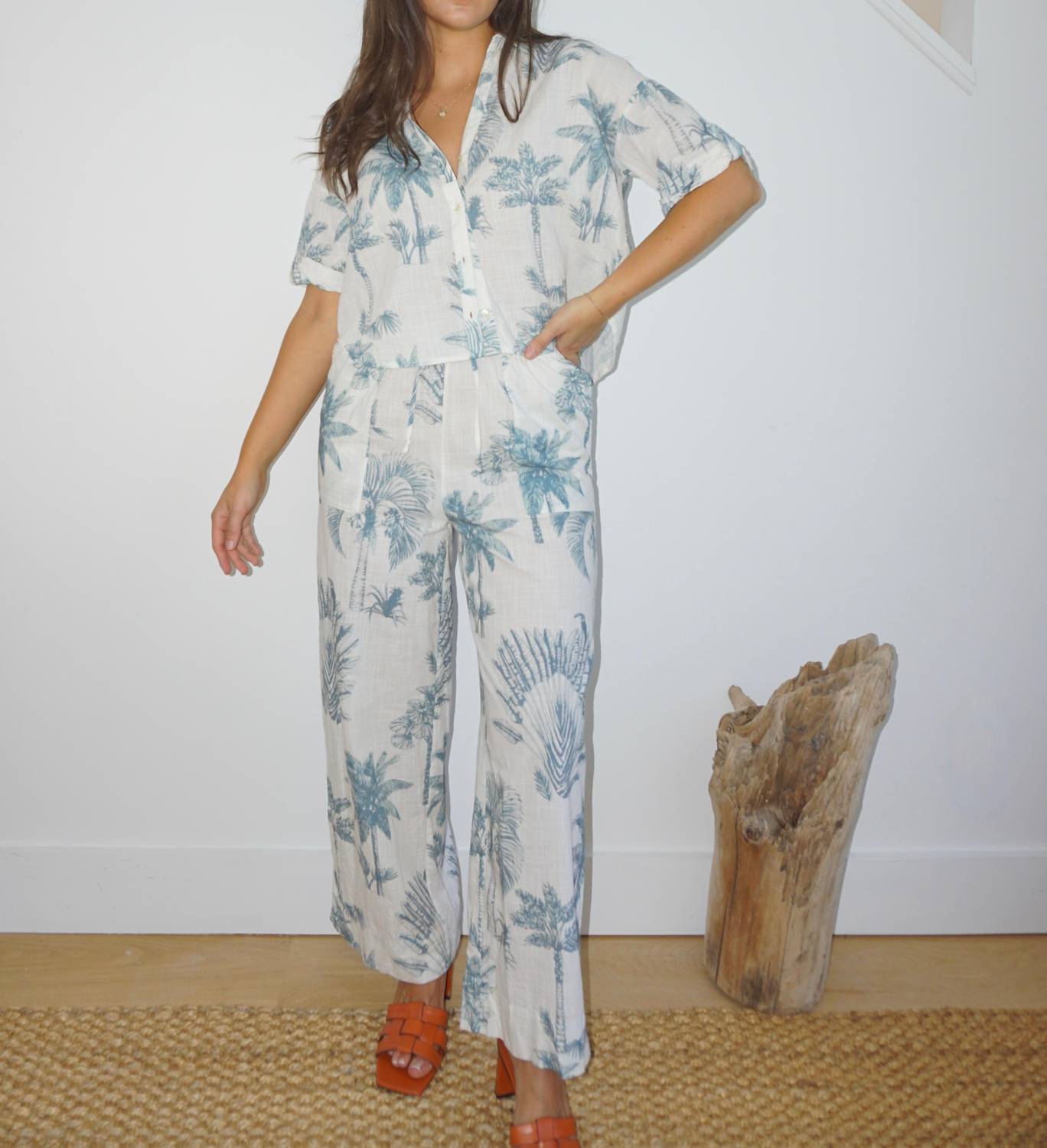 NIBI MTK Cali Cropped Shirt in faded teal palms - women's shirt - detail view