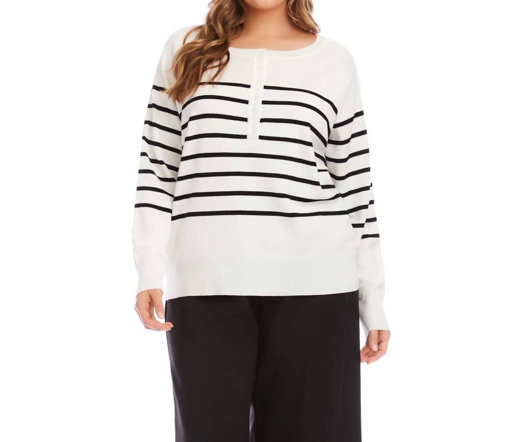 Karen Kane Henley Stripe Sweater - Plus in off white with black - women's sweater