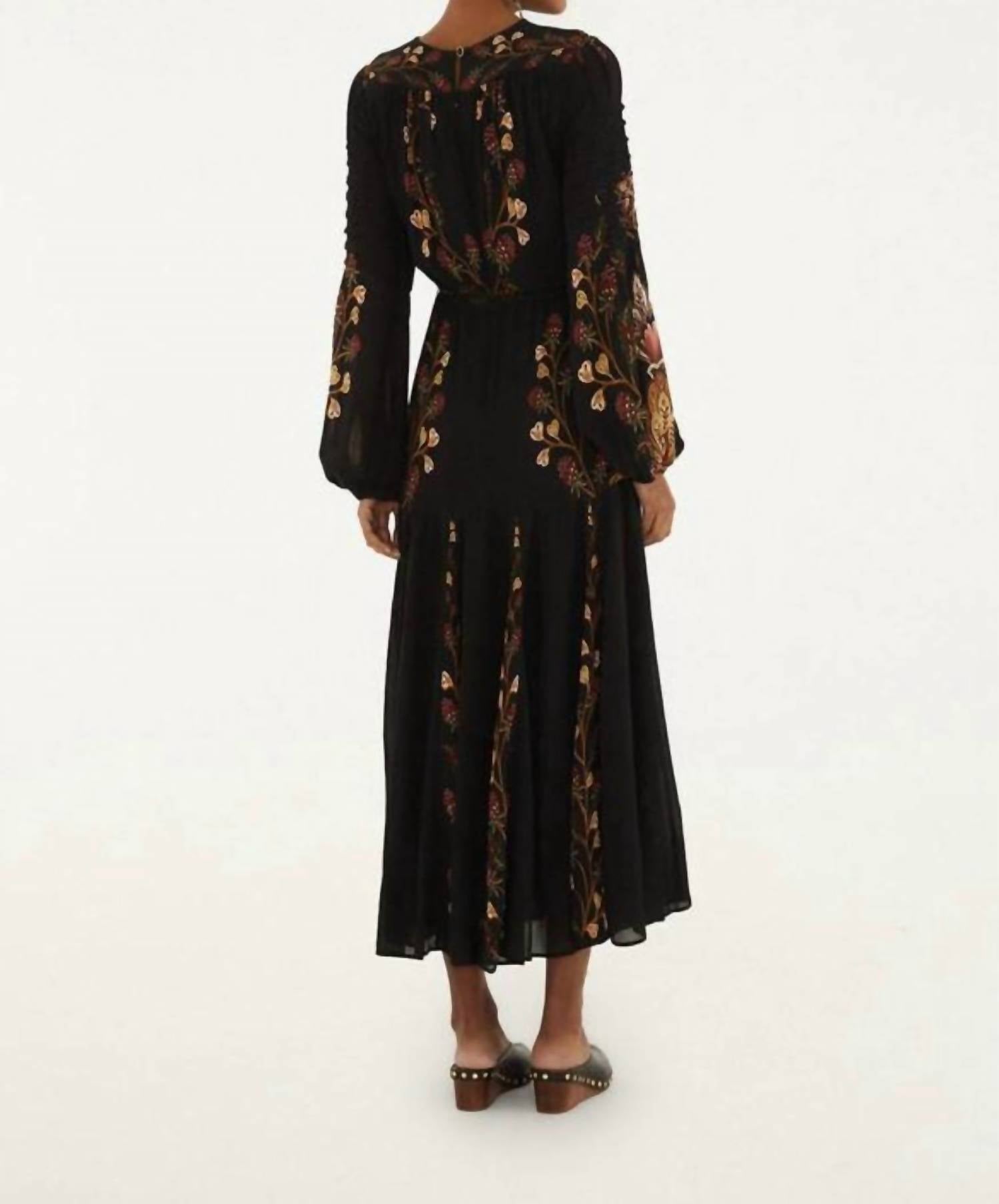 Farm Rio - Berry Garden Long Sleeve Pleated Maxi Dress